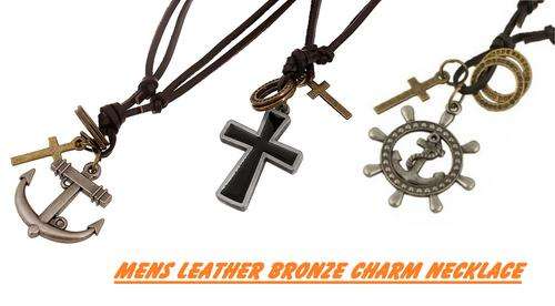 MENS LEATHER BRONZE CHARM NECKLACE - VARIOUS DESIGNS