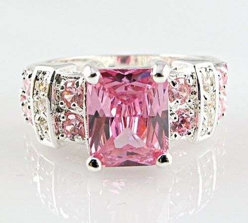 Pretty Pink Sapphire & White Topaz Gemstone Ring - Size 8