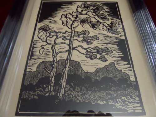 Gregoire Boonzaier (1909-2005) linocut Windswept Pine trees dated 1978 in a beautiful frame