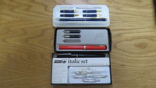 Lot of Three Boxed Calligraphy Pen Sets - Platignum/Sheaffer/Unbranded. Details in Description.