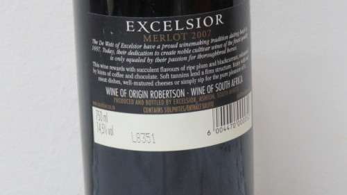 Sealed 750ml Bottle of 2007 Excelsior Merlot