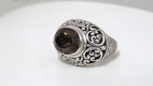 Vintage Sterling Silver 925 Chunky Ring Amber Colour Faceted Stone Scroll Decoration Size M (11.9 g)