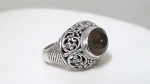 Vintage Sterling Silver 925 Chunky Ring Amber Colour Faceted Stone Scroll Decoration Size M (11.9 g)