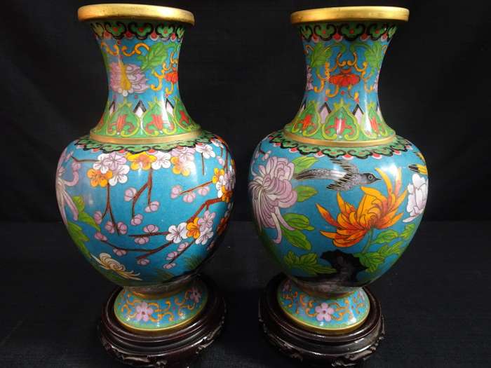 Rare Set Of Two Antique Chinese Cloisonne Bird & Blossom Vases With Stands - See Description