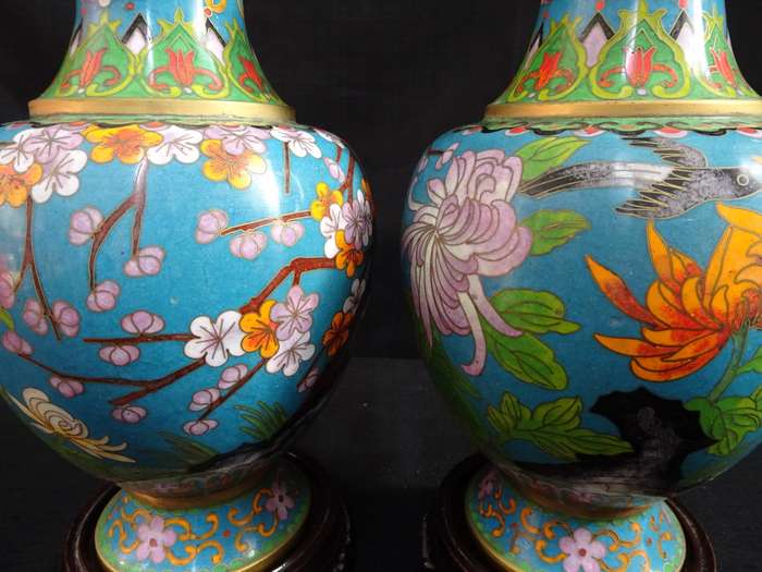 Rare Set Of Two Antique Chinese Cloisonne Bird & Blossom Vases With Stands - See Description