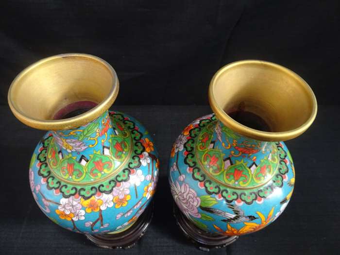 Rare Set Of Two Antique Chinese Cloisonne Bird & Blossom Vases With Stands - See Description