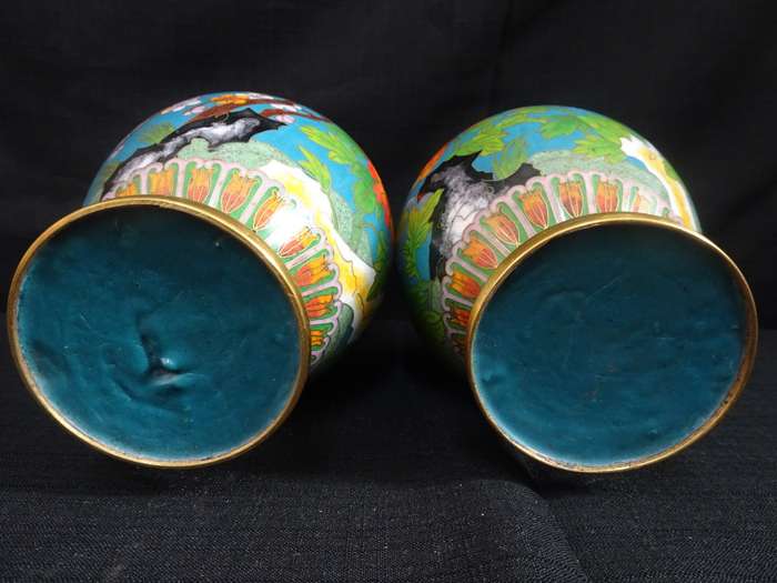 Rare Set Of Two Antique Chinese Cloisonne Bird & Blossom Vases With Stands - See Description