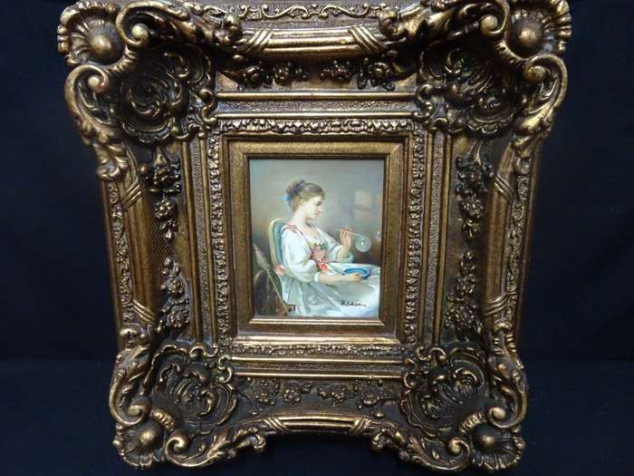 Lovely European Oil On Board"Victorian Girl Blowing Bubbles"Artist B Jakson In Stunning Gilded Frame