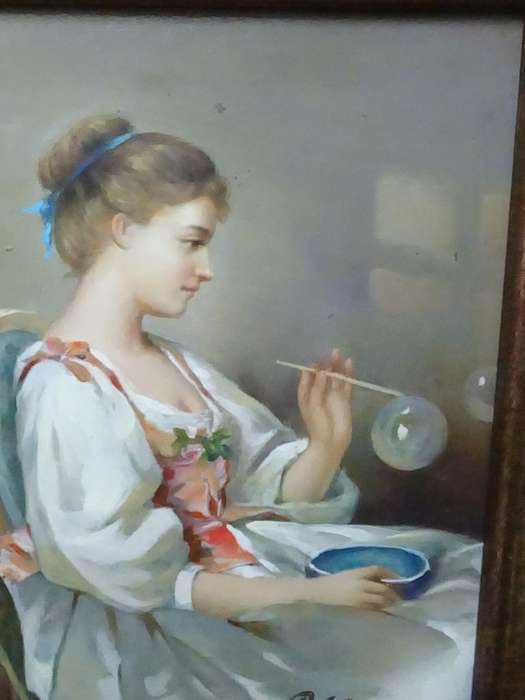 Lovely European Oil On Board"Victorian Girl Blowing Bubbles"Artist B Jakson In Stunning Gilded Frame