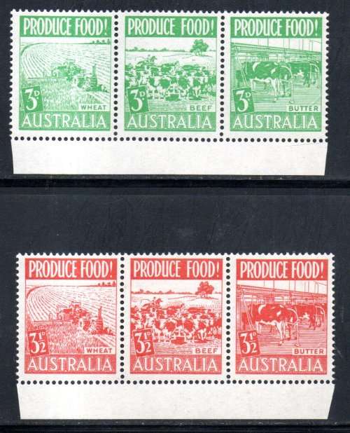 AUSTRALIA 1953 FOOD PRODUCTION UMM SET OF (X6) IN (X2) STRIPS. SG255/60. AS PER SCANS. GREAT ITEMS.