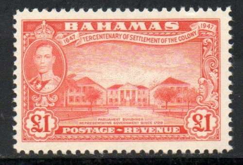 BAHAMAS 1948 KGVI TERCENT OF SETTLEMENT OF ELEUTHERA 1 POUND UMM SINGLE. SG193. CV GBP 20.
