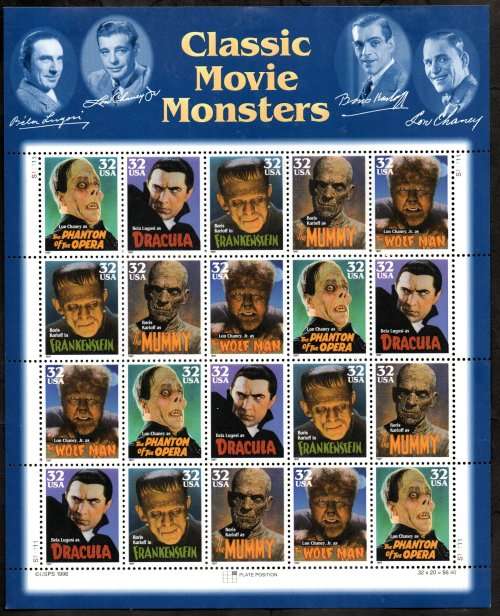 USA 1997 MOVIE MONSTERS SETENANT SHEET OF (X20) MOUNTED TOP OF SHEET. SG3363/7. CV GBP 20.