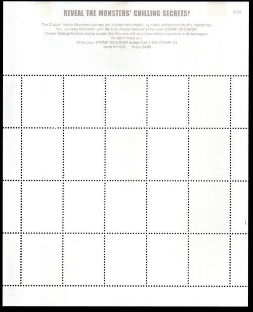 USA 1997 MOVIE MONSTERS SETENANT SHEET OF (X20) MOUNTED TOP OF SHEET. SG3363/7. CV GBP 20.
