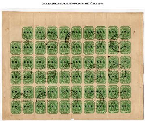 TRANSVAAL/ZAR ERI 1/2d OVERPRINT PART SHEET CANCELLED TO ORDER 24 JULY 1902. STUCK DOWN ON CARD.