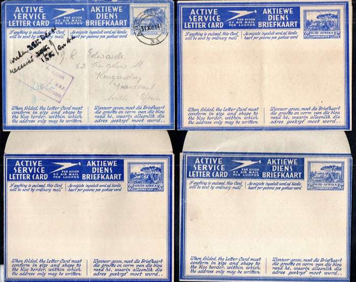 UNION 1940s SELECTION OF (X3) UNUSED ACTIVE SERVICE LETTER CARDS + (X1) USED/CENSORED. AS PER SCANS.