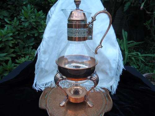 BEAUTIFUL VINTAGE COPPER AND GLASS CARAFE WITH COPPER TRAY