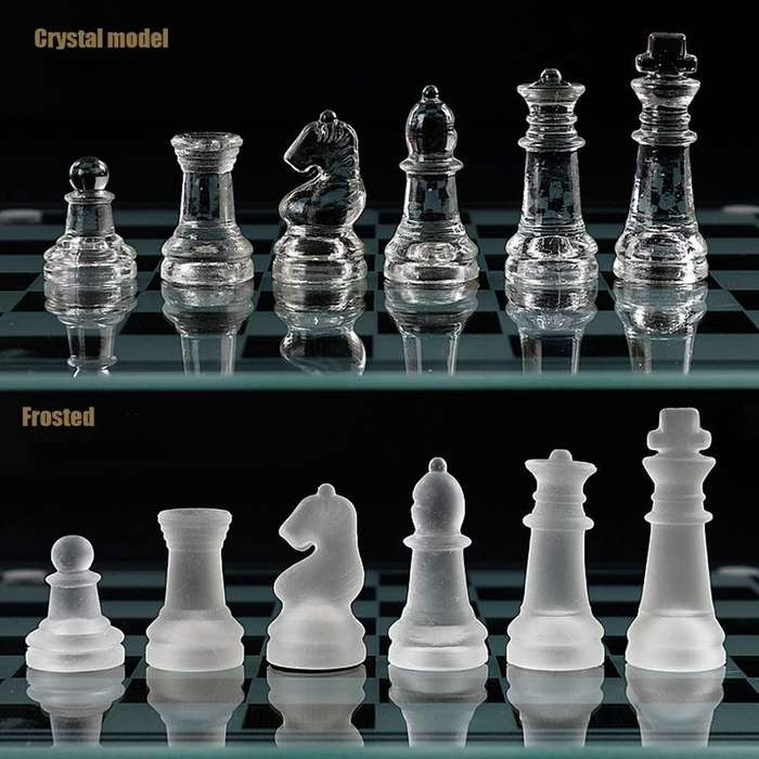 Glass Chess Set Board Game Elegant Design 32 Frosted and Clear Pieces