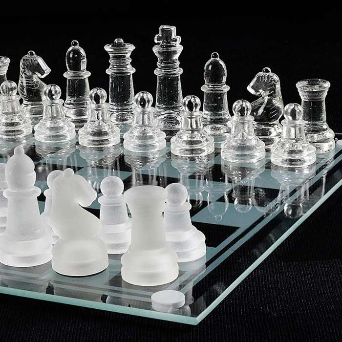 Glass Chess Set Board Game Elegant Design 32 Frosted and Clear Pieces