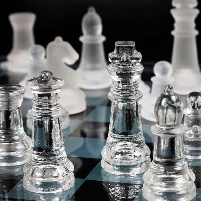 Glass Chess Set Board Game Elegant Design 32 Frosted and Clear Pieces
