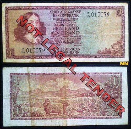 1 Rand note. T.W. de Jongh #B25 010079. nice low nr.