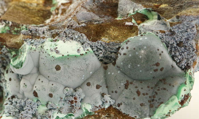 Plancheite on malachite on Matrix, Skorpion Mine, Karas Region, Namibia