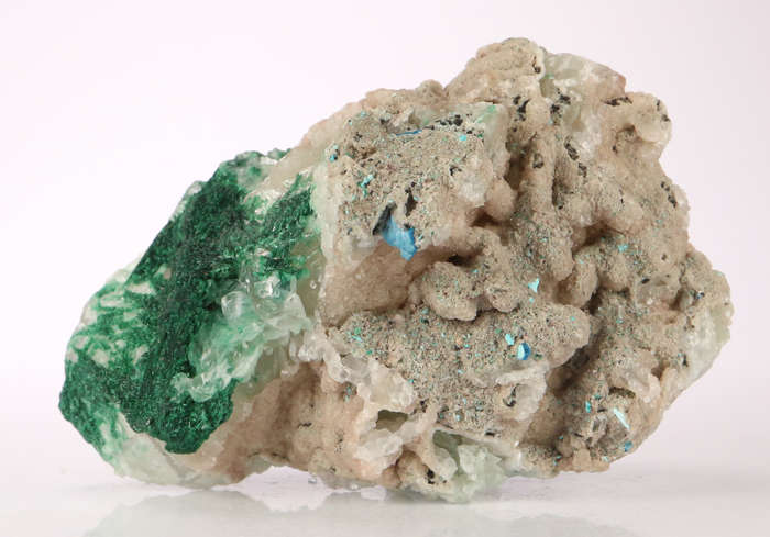 Malachite, Shattuckite on Calcite, Mashamba West Mine, DRC