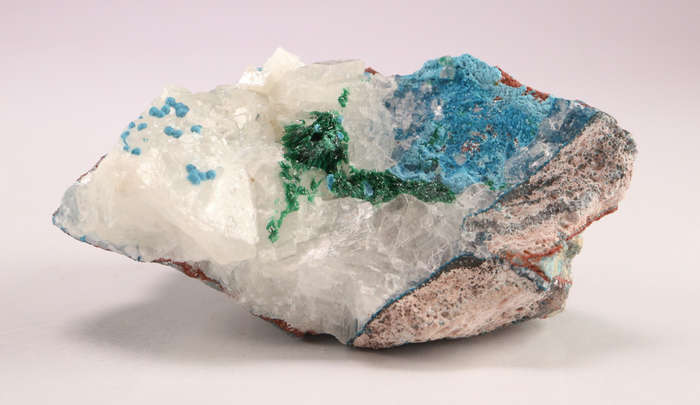 Calcite on Shattuckite & Malachite, Tantara Mine, DRC