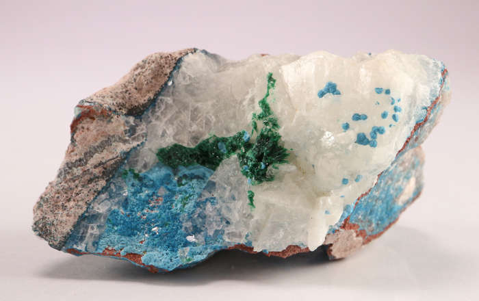 Calcite on Shattuckite & Malachite, Tantara Mine, DRC