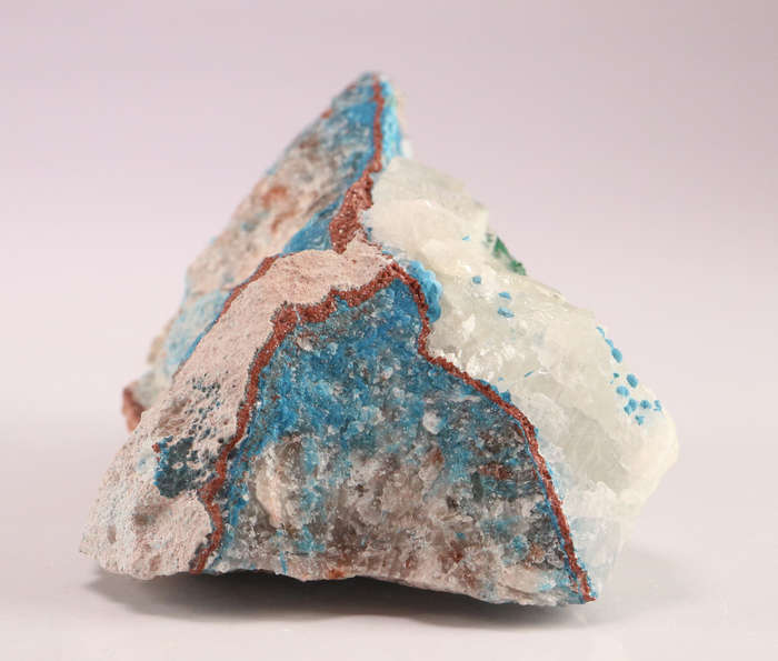 Calcite on Shattuckite & Malachite, Tantara Mine, DRC