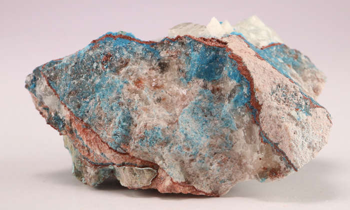 Calcite on Shattuckite & Malachite, Tantara Mine, DRC
