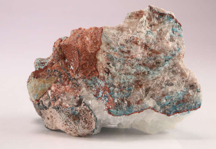 Calcite on Shattuckite & Malachite, Tantara Mine, DRC
