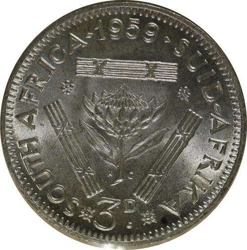 UNCIRCULATED UNION OF SOUTH AFRICA 1959 THREEPENCE (3P)