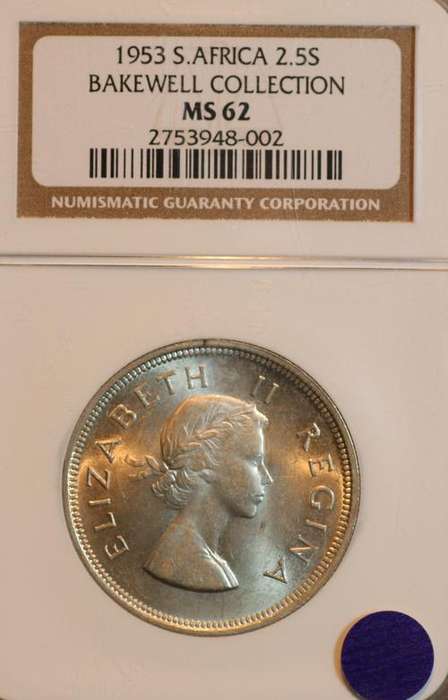 UNION OF SOUTH AFRICA 1953 HALFCROWN NGC GRADED MS62