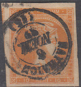 Greece 1861 - 10 l Large Hermes Heads imperf  Orange - Very fine used - 4 margins