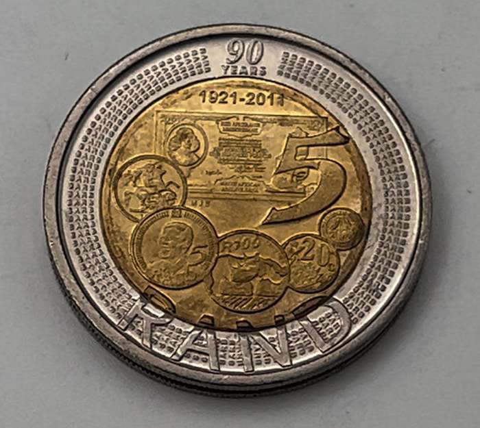 Five Rand 2011 Anniversary of SARB, Coin from South Africa