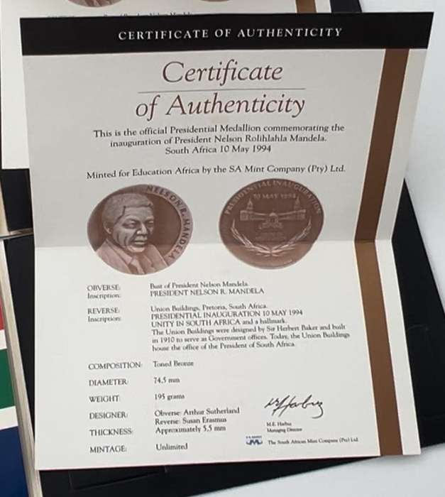 Nelson Mandela Bronze Medallion Inauguration 1994 with Certificates SA Mint