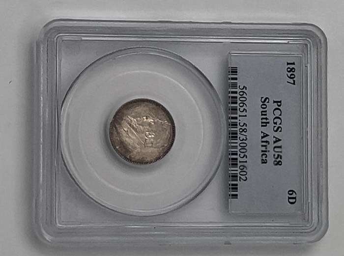 1897 Silver ZAR Sixpence PCGS Grade AU58