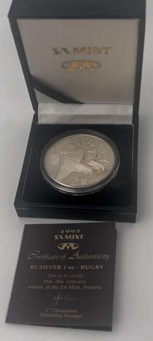 1995 South Africa Proof Silver World Cup Rugby R2 Mintage 3, 981 Very Rare