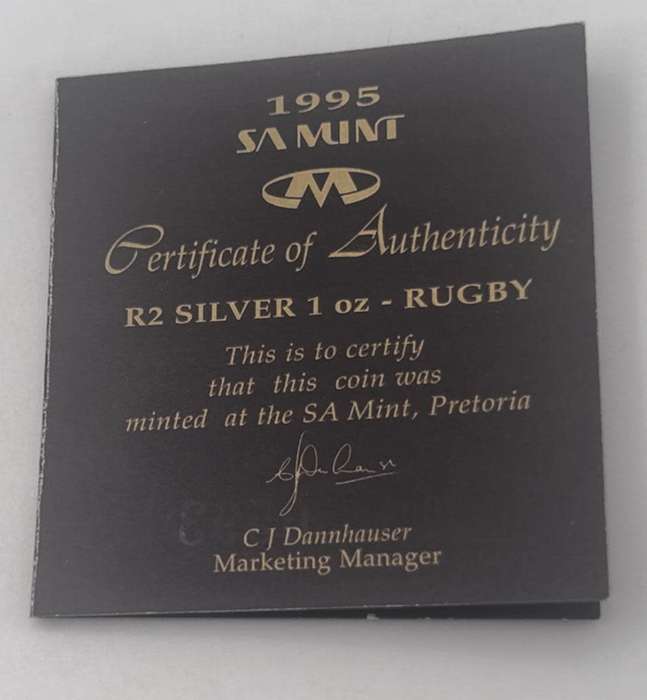 1995 South Africa Proof Silver World Cup Rugby R2 Mintage 3, 981 Very Rare
