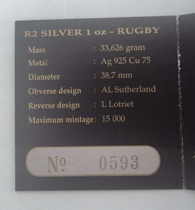 1995 South Africa Proof Silver World Cup Rugby R2 Mintage 3, 981 Very Rare
