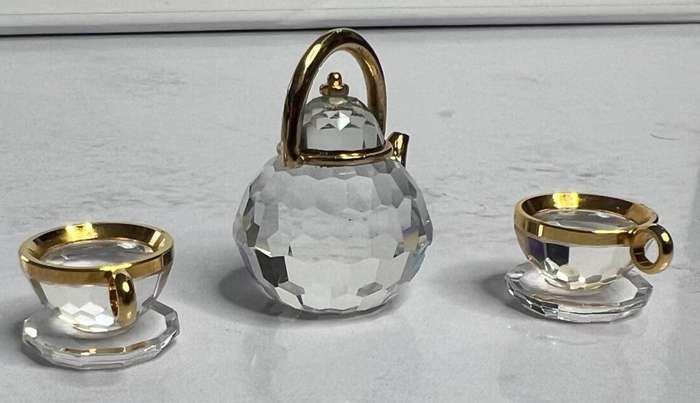 Gold Rimmed Swarovski Crystal Miniature Teapot and Two Cups with Saucers