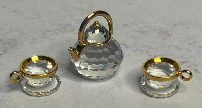 Gold Rimmed Swarovski Crystal Miniature Teapot and Two Cups with Saucers