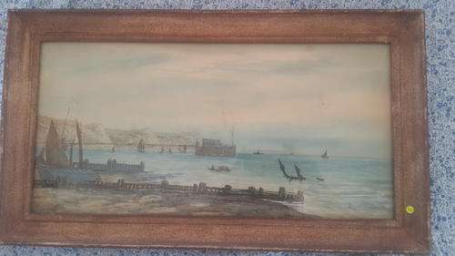 River & Boats Blue-Brown Watercolor Behind glass Eugene Andre 480x235