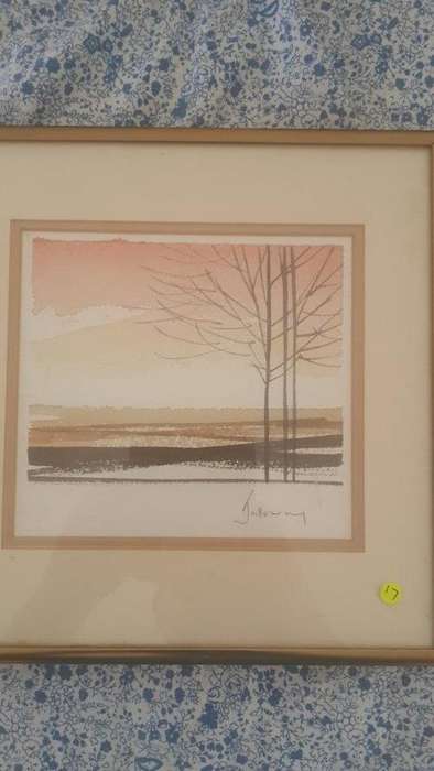Trees in watercolor behind glass, by Galloway. 150x135