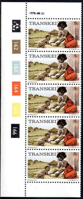 Transkei - 1978 Definitive 5c Reprint perf 12x12.5 Control Strip (1978.08.21) MNH