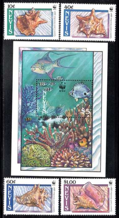 Nevis - 1990 WWF Queen Conch Set & MS MNH SG 531-535