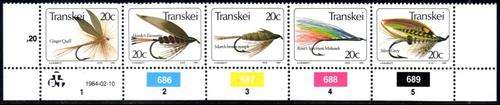 Transkei - 1984 Fishing Flies (5th series) Control Strip MNH SACC 133-137