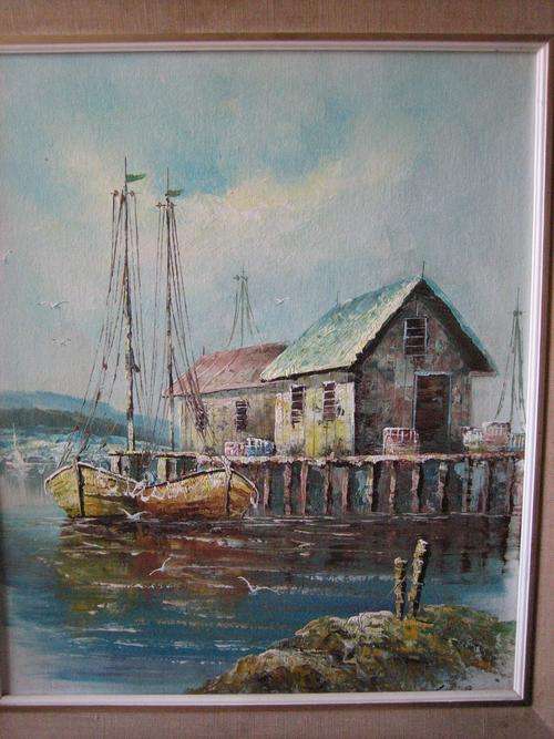 BEAUTIFUL UNSIGNED HARBOURED BOATS  FRAMED.650 X 580.READ ON
