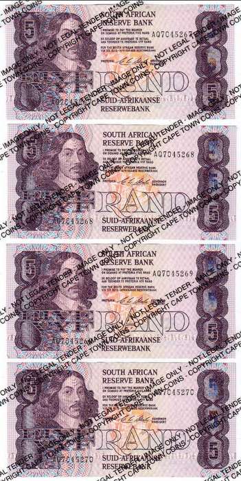 CL Stals 1st issue R5 banknotes Uncirculated with 4 consecutive numbers, one note got a small torn*