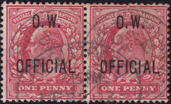 GB KEVII 1902 SG O37 1d Scarlet with `O.W. OFFICIAL` o/p VFU PAIR